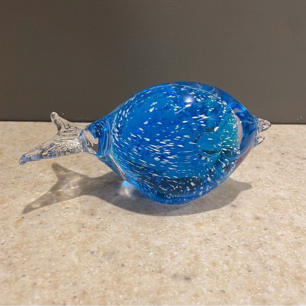 Vintage Swedish Blown Glass Puffer Fish Blue White Sommerso Figurine Paperweight